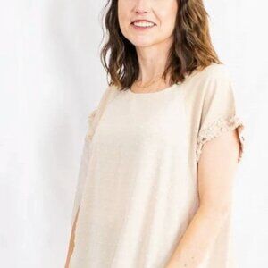 Umgee Raw Hem Sheer Sleeve Linen Blend Blouse High Low Size 2XL